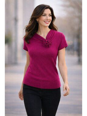 Cynthia Rowley 100% Cashmere Short Sleeve Knit Sweater Womens Medium Magenta